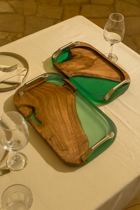 Premium Translucent Epoxy Wooden Serving Tray — Aqua Green