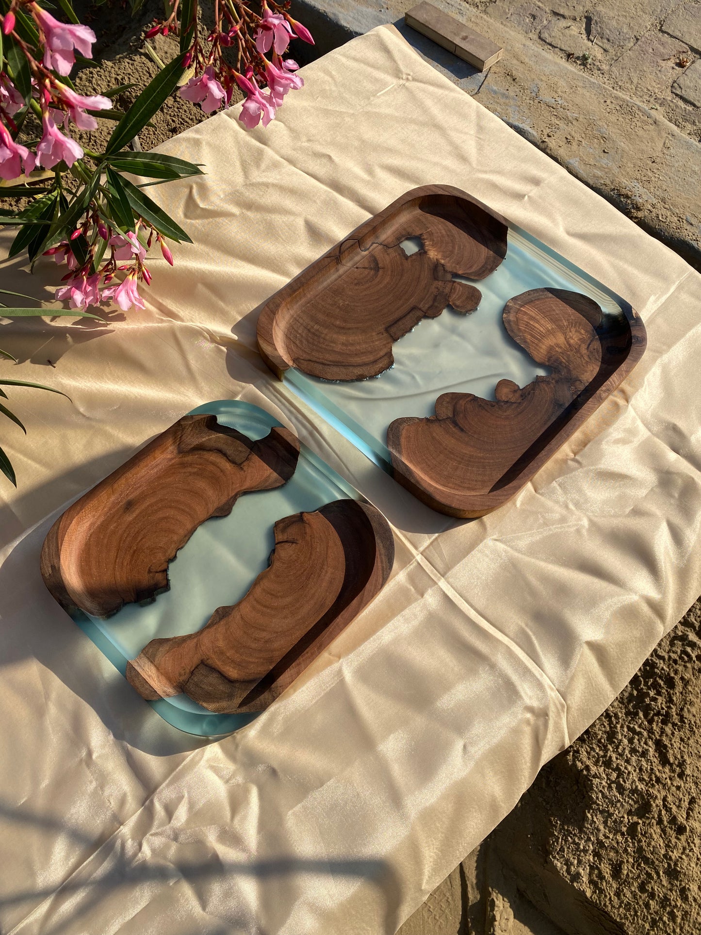 Premium Translucent Epoxy Wooden Serving Tray — Light Blue