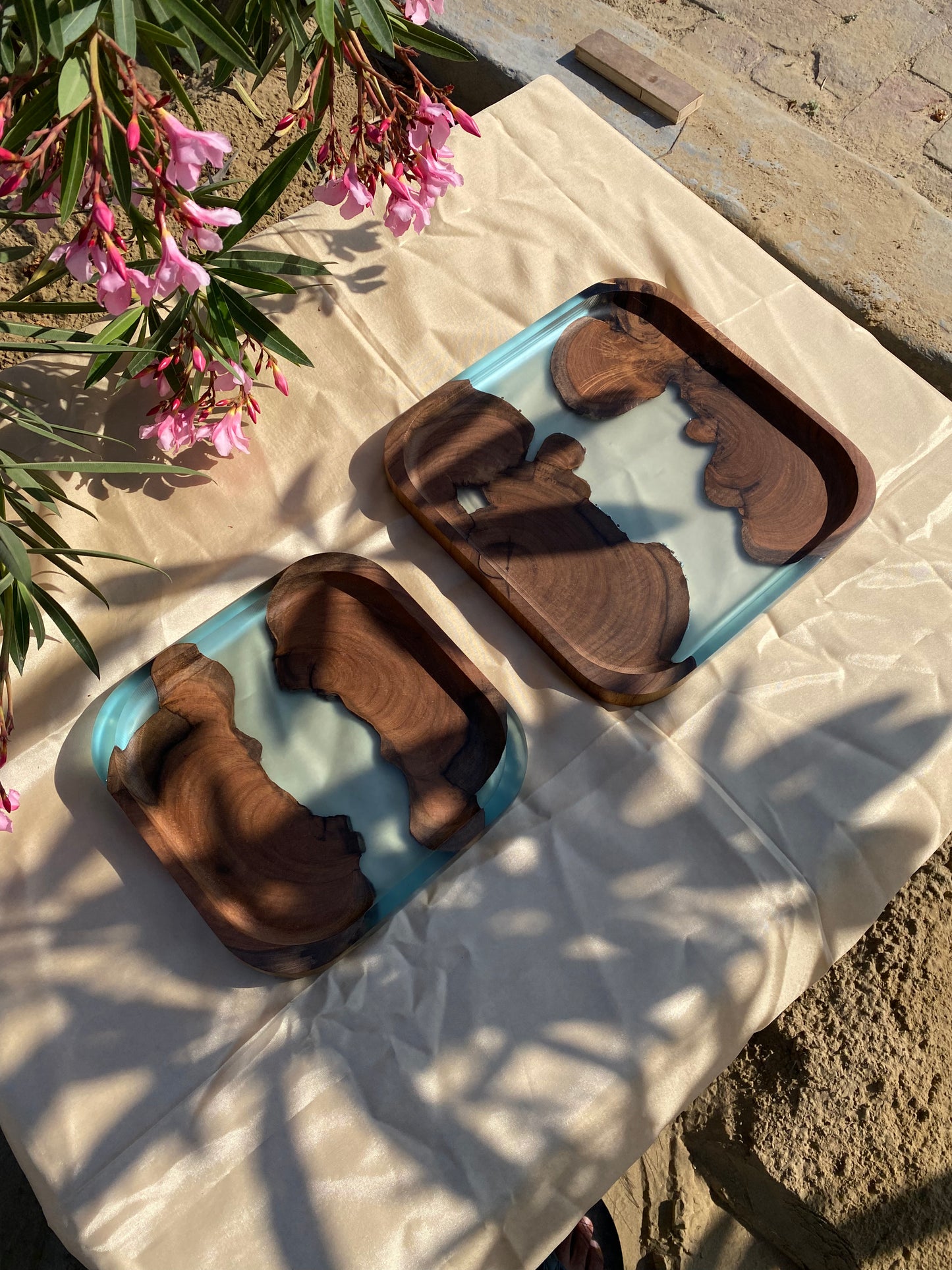 Premium Translucent Epoxy Wooden Serving Tray — Light Blue