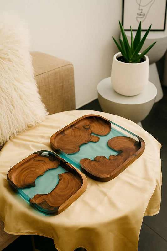 Premium Translucent Epoxy Wooden Serving Tray — Light Blue