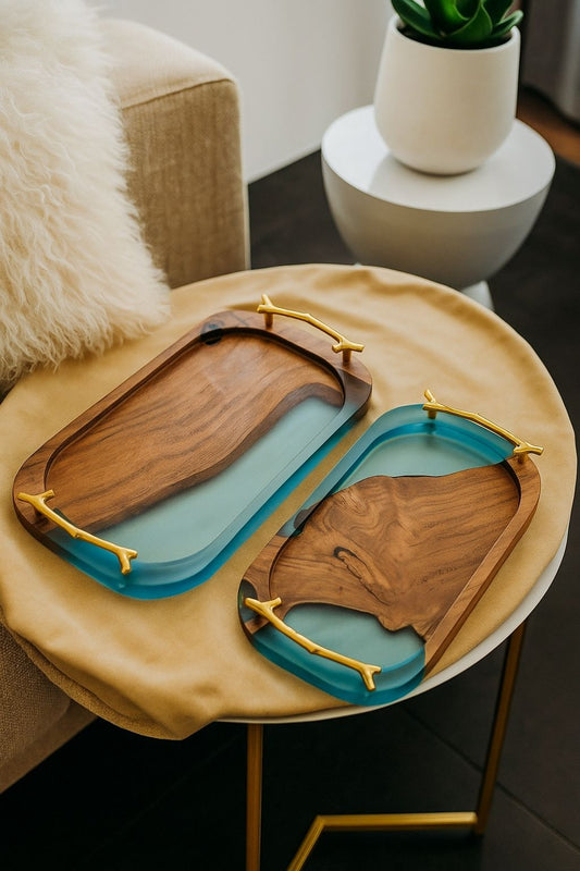 Premium Translucent Epoxy Wooden Serving Tray With Golden Handle — Light Blue